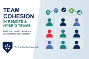 Remote and hybrid team on a video call with the five behaviours of team cohesion
